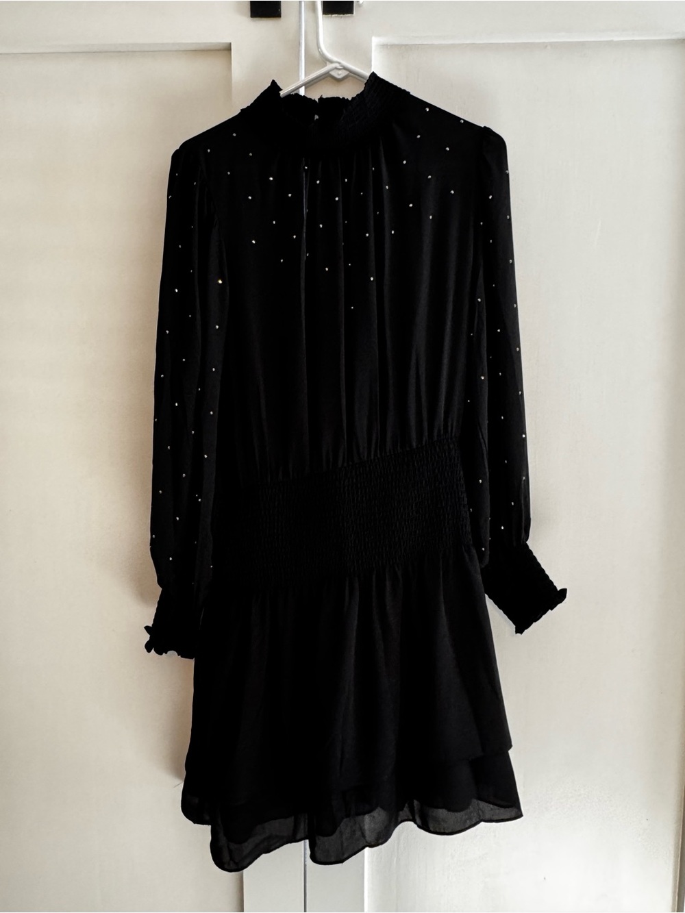 Black Long-Sleeve Smocked Waist Dress with Subtle Stud Detail